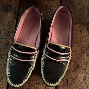 Robert Zur Black Patent Loafers with Pink and Yellow Trim